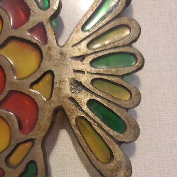 2 Vintage Metal Fish Shaped Trivet Hot Plate Hanging Stained Glass Red Yellow - Picture 4 of 10